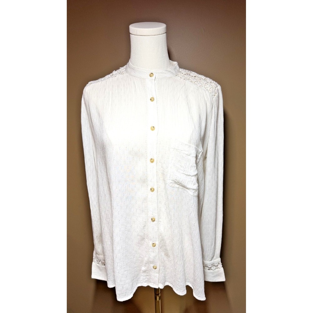 Free People The Best Blouse Women XS White Crochet Back Button Down Boho Tunic